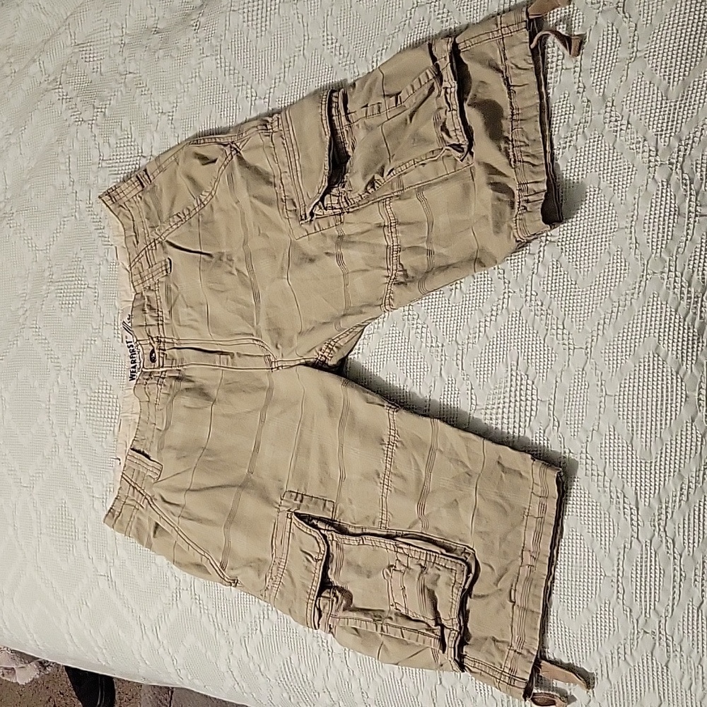 WearFirst Cargo Shorts. Below the knee. Waist 36. Inseam 14. Khaki.